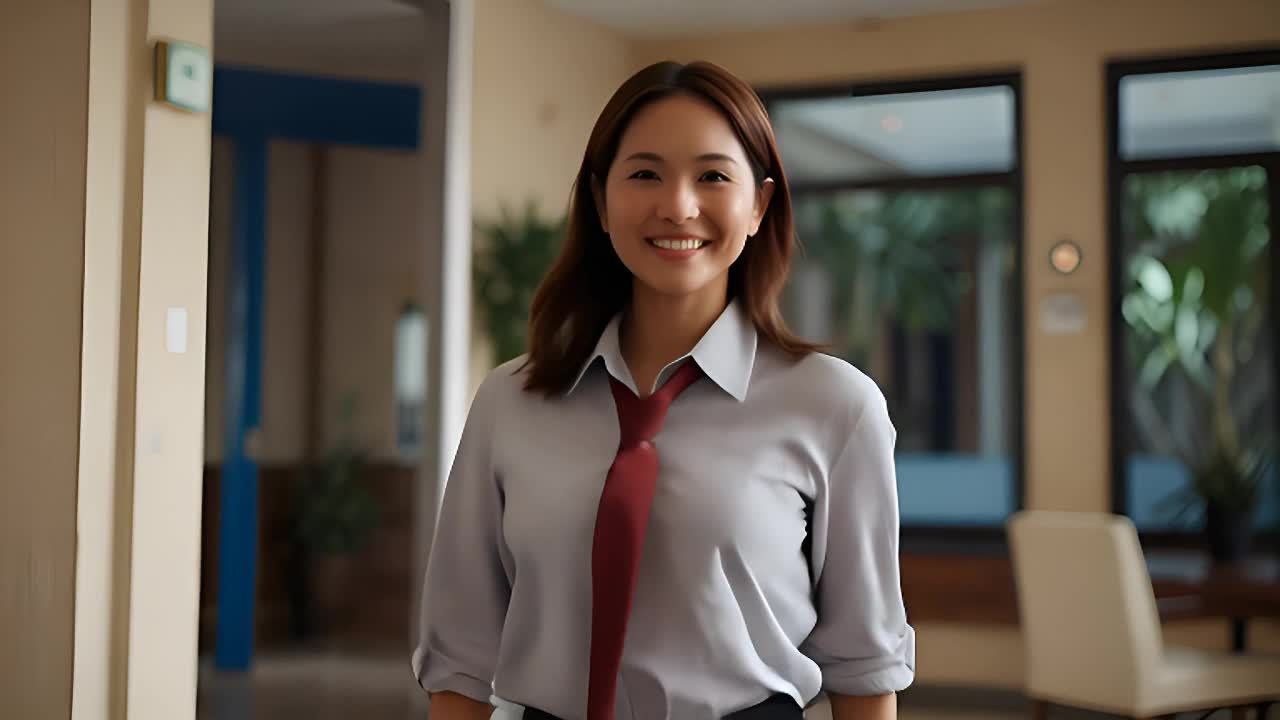 一名女子站在室内，她穿着灰色衬衫和红色领带，下身穿