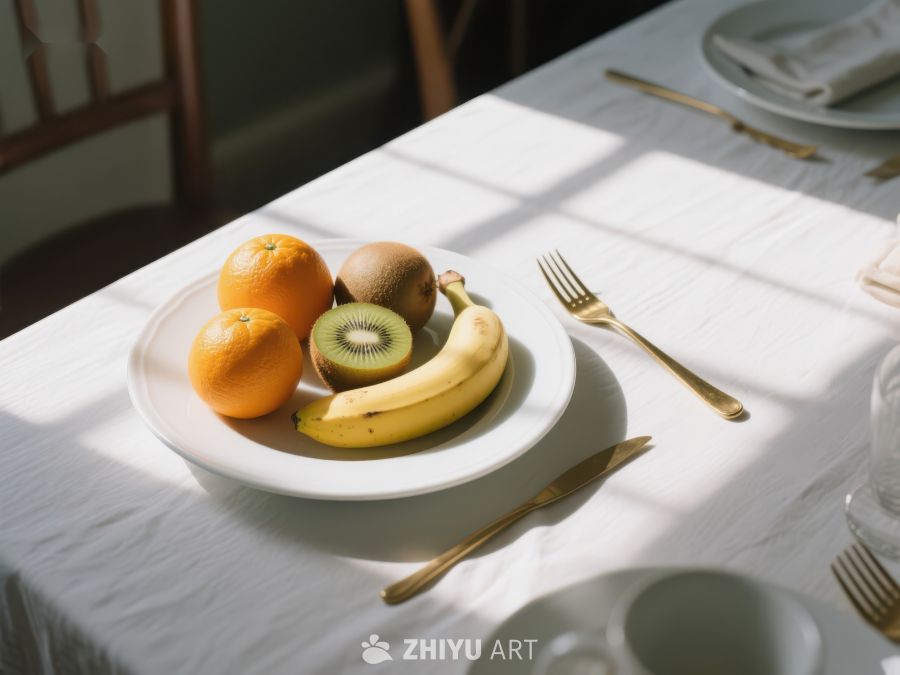 水果盘与餐具在阳光下的静谧早餐 542