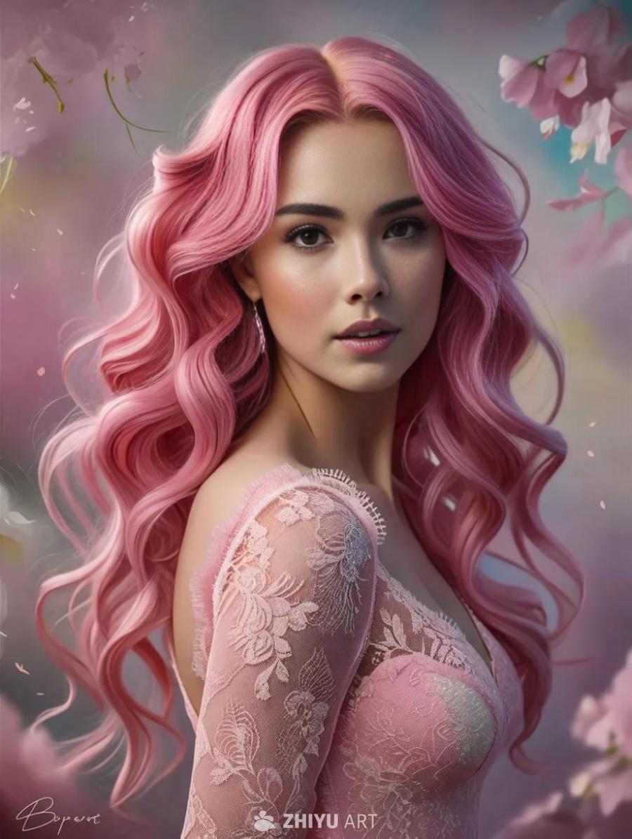 一位女性身穿粉色蕾丝连衣裙，一头鲜艳的粉色头发倾泻