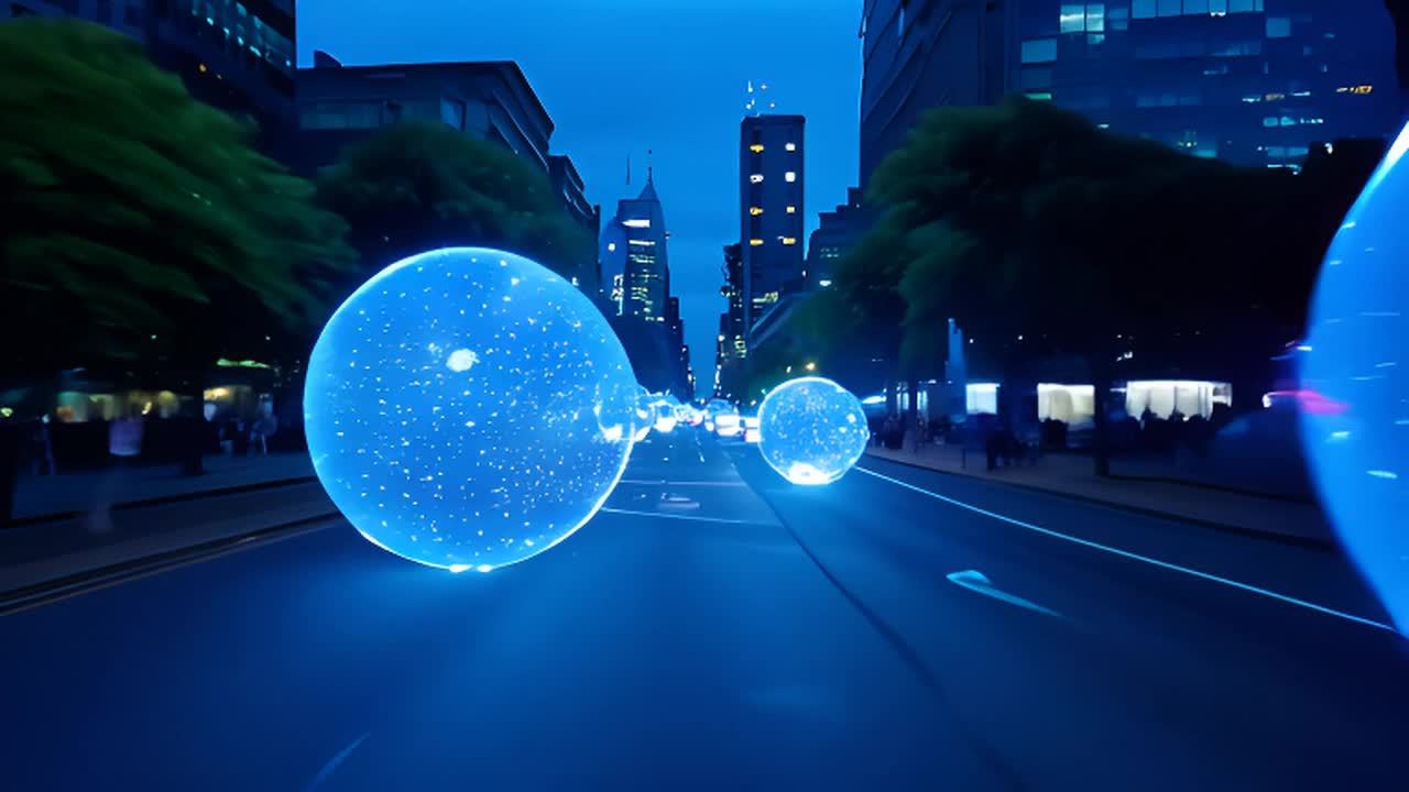蓝色光球在城市街道上移动。街道两旁是高楼大厦，夜色