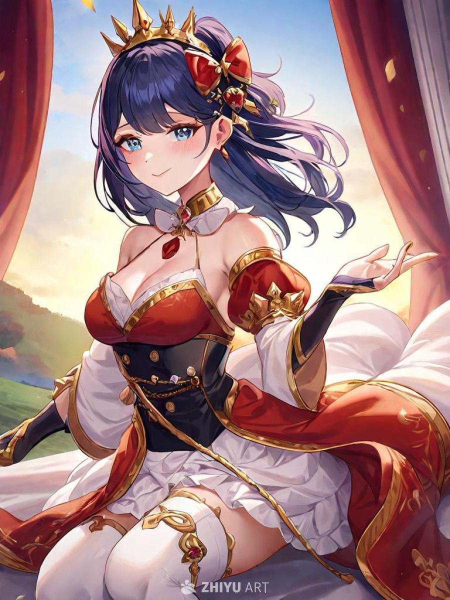 一个身穿红色和黑色连衣裙的动漫风格女子坐在白色的垫