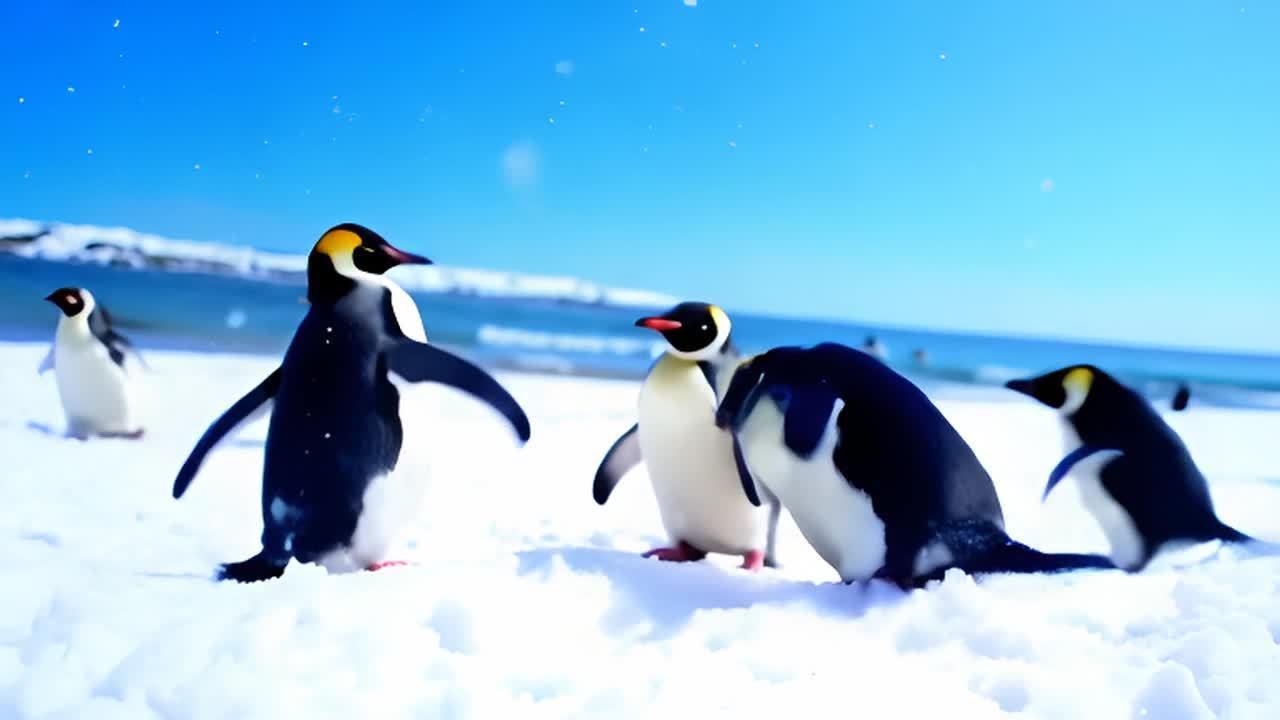 两只企鹅站在雪地上，面对面。它们的羽毛黑白相间，头