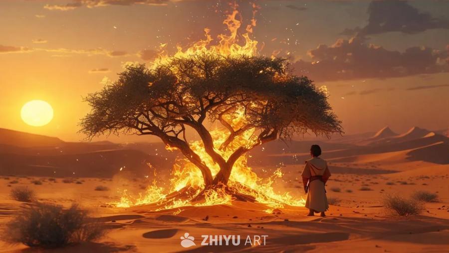 荒凉的沙漠中，一棵树被火焰包围，火焰噼啪作响，形成