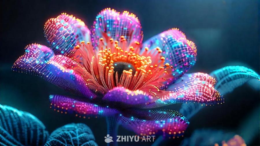 像素化的数字花朵从屏幕中生长出来，其鲜艳的色彩和复