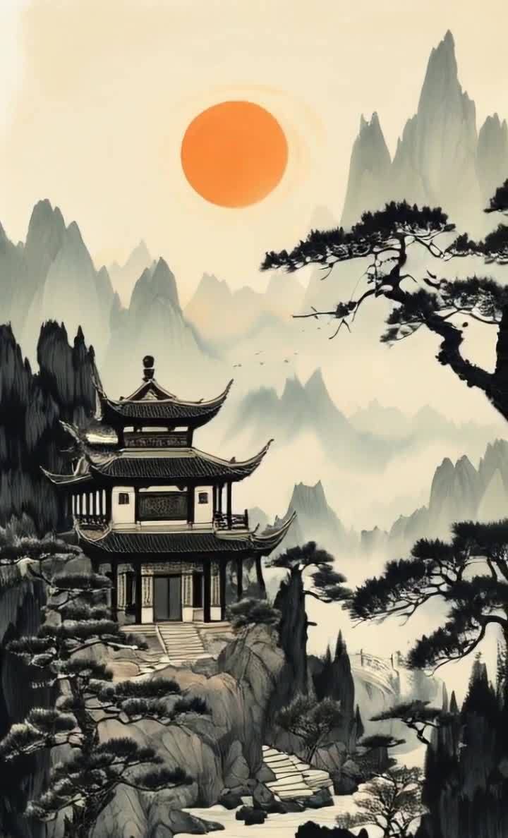 山间楼阁，云雾缭绕，中式建筑，红日高悬