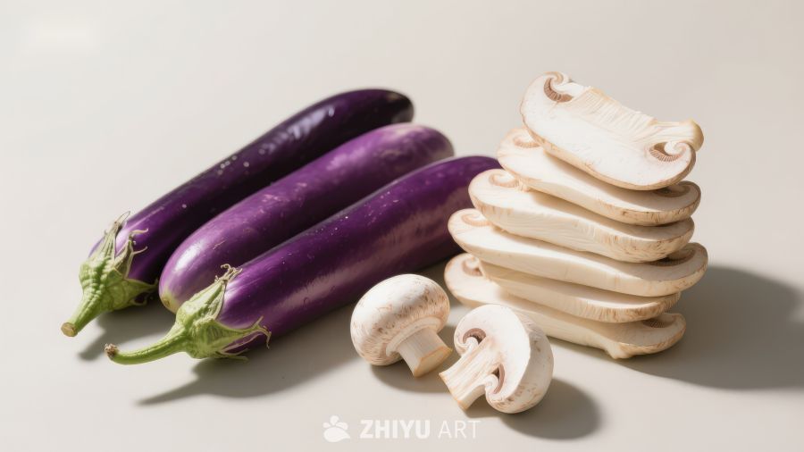 茄子与蘑菇静物摆放