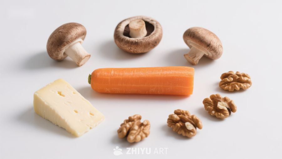 新鲜食材：蘑菇、胡萝卜、奶酪与核桃