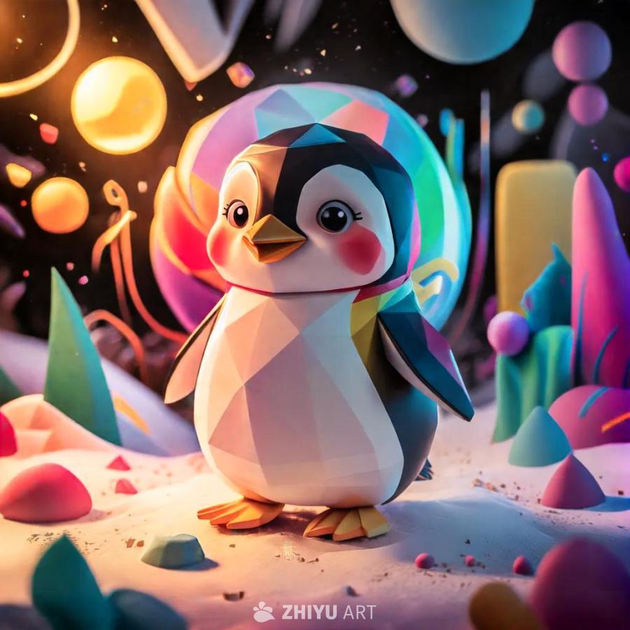 一只可爱的企鹅站在雪地上，这是一个低多边形的3D渲