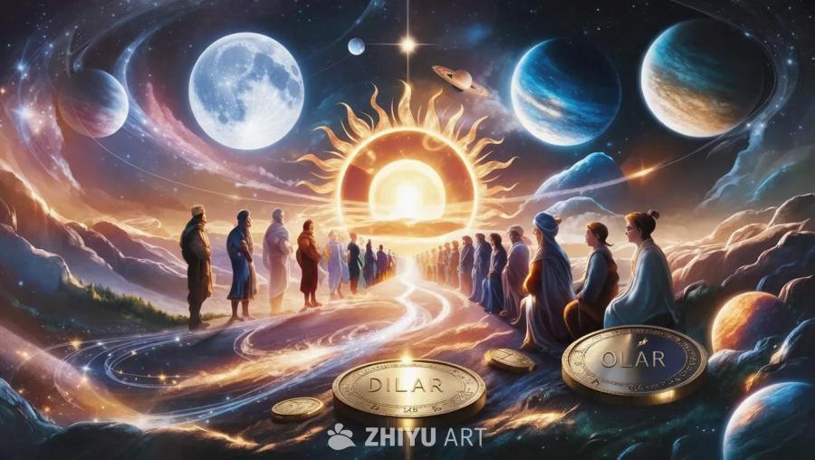 画面展示了一个梦幻般的场景，天空中悬挂着月亮、太阳