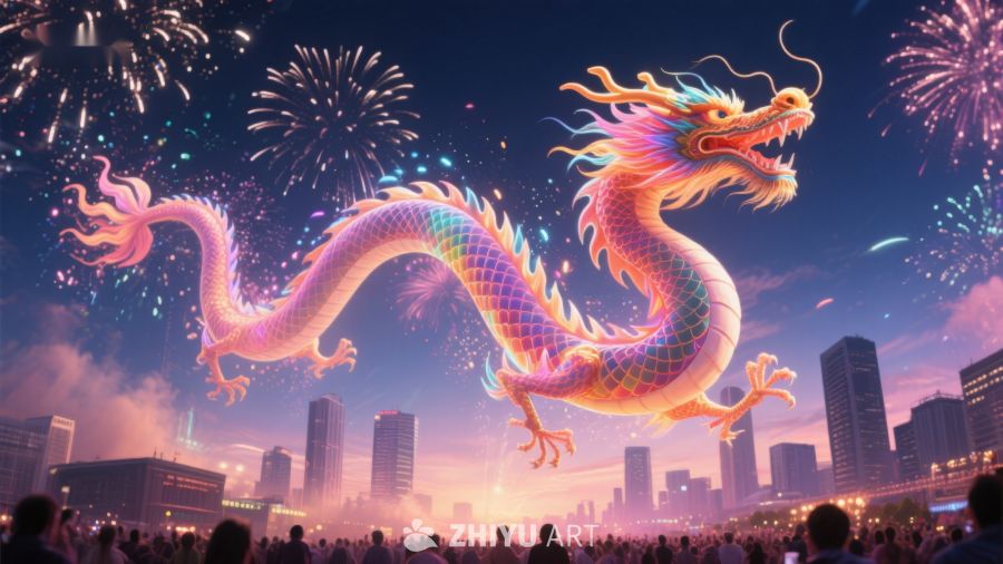 夜空下的彩色龙与烟花 876
