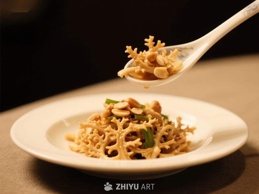 精致珊瑚菇菜肴，勺中特写 540
