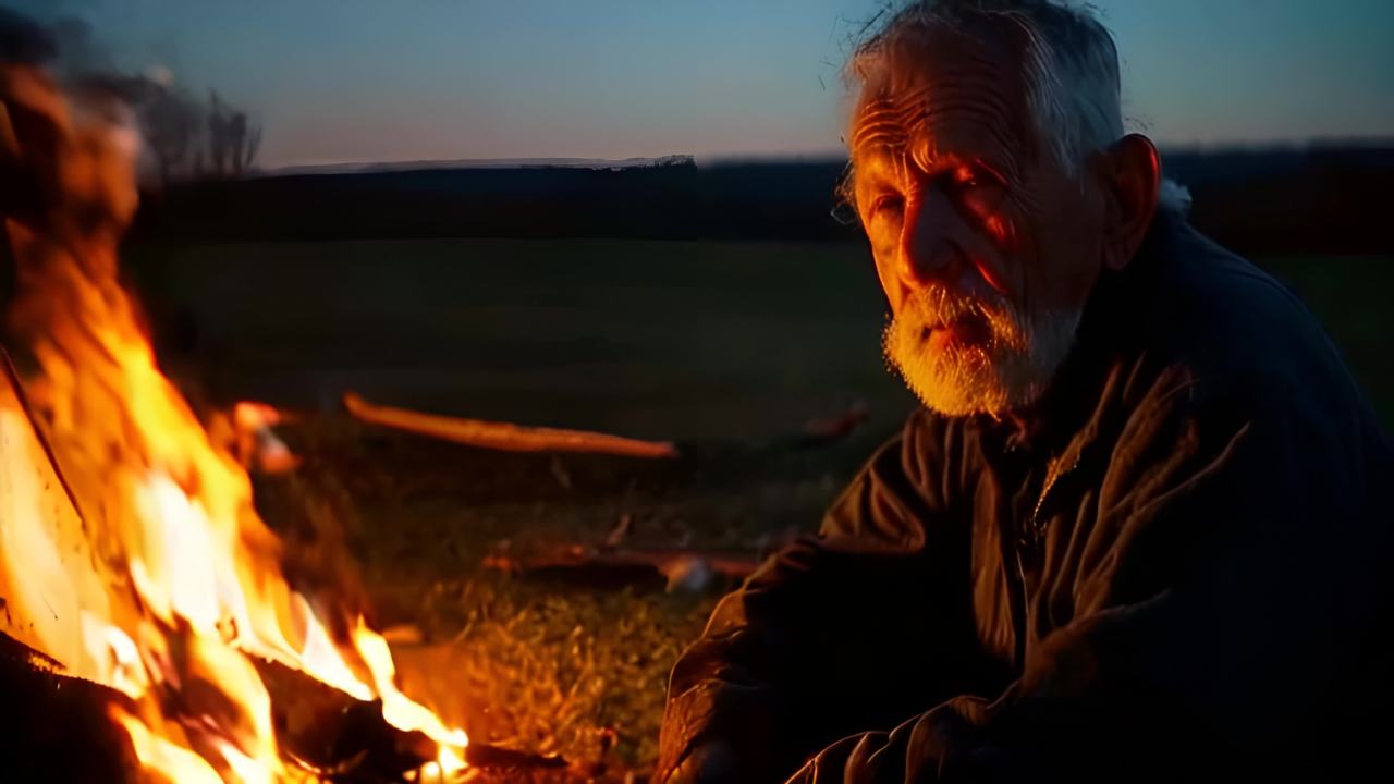 一位老人蹲在火堆前，火光照亮了老人的脸。远处是一片