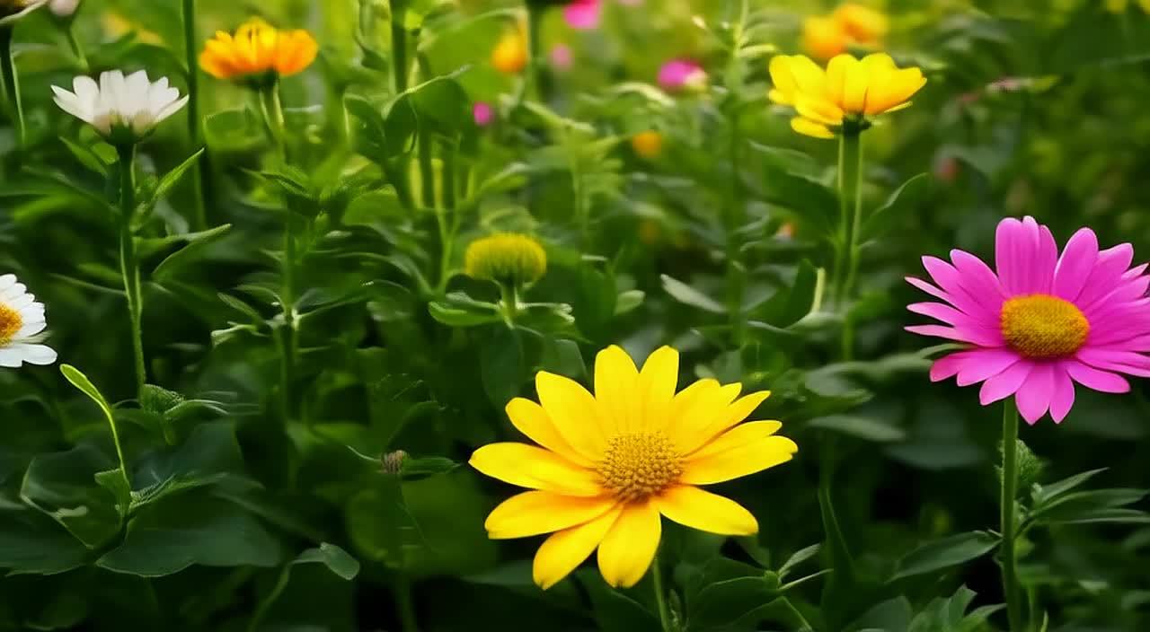 花园中，各种颜色的花朵盛开，有白色、黄色和粉色的花