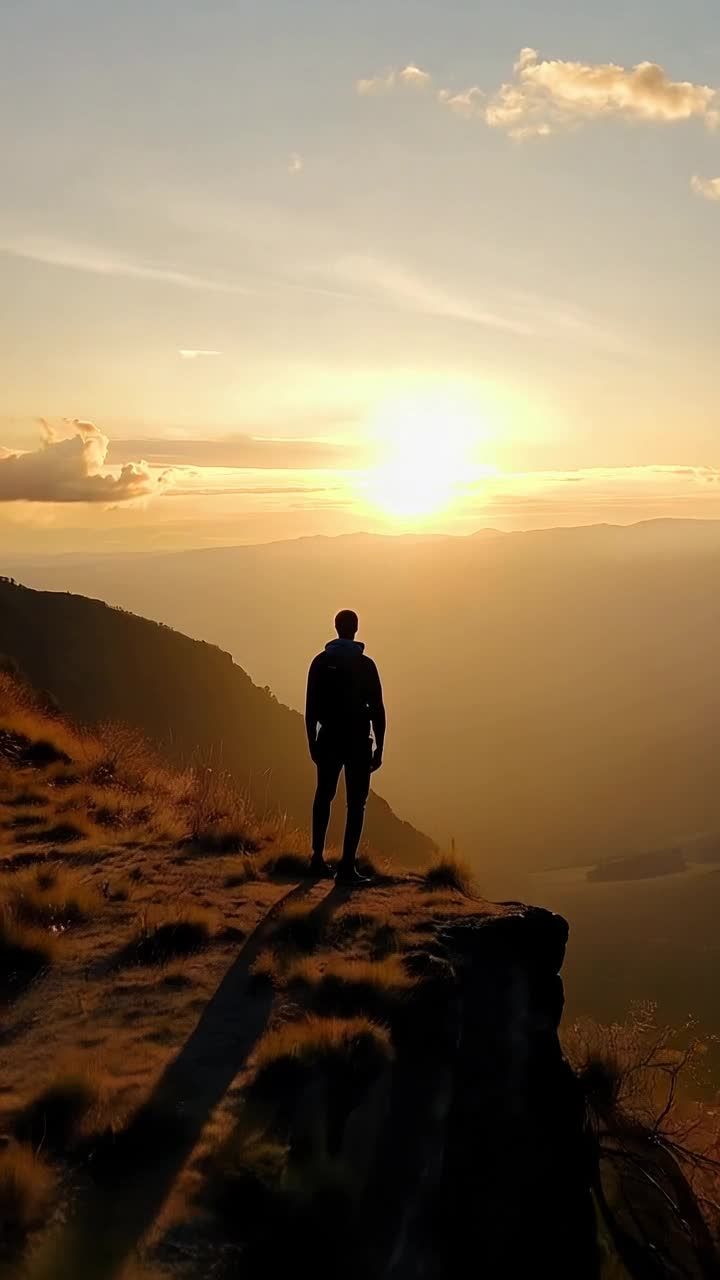 一个孤独的旅行者站在悬崖边，面对着广阔的景观。金色