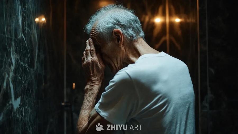 一个老态龙钟的瘦削男人侧身站在豪华昏暗的浴室里。他