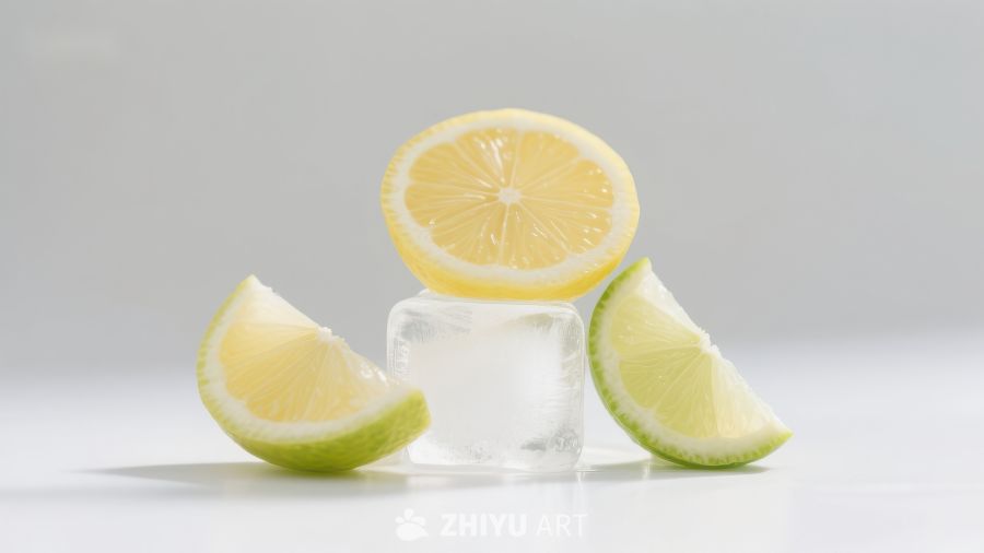 柠檬切片与冰块的清新组合