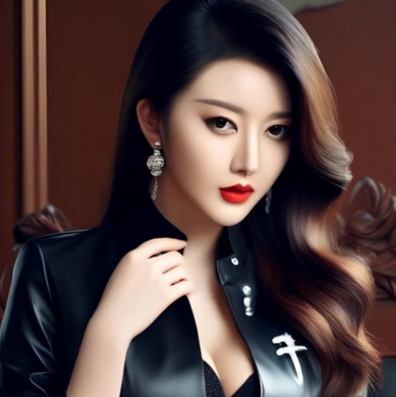 一位女性，身穿黑色皮夹克，涂着红色口红，佩戴着银色