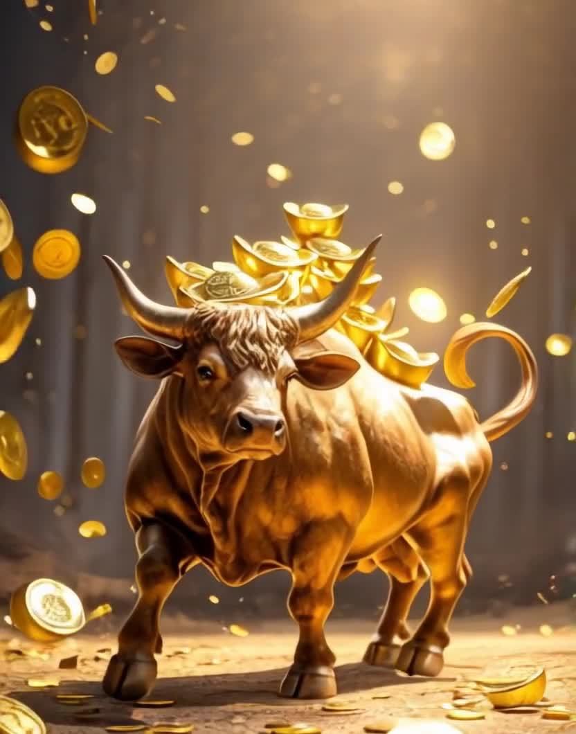 金色牛驮元宝，金币散落林间闪光。