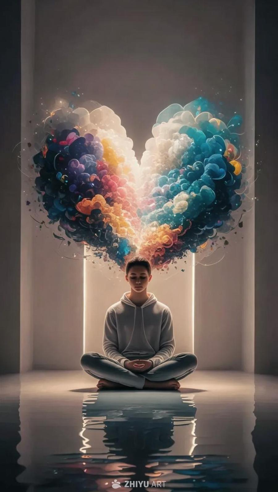 一个年轻女性盘腿坐在一个房间里，双手放在膝盖上，房