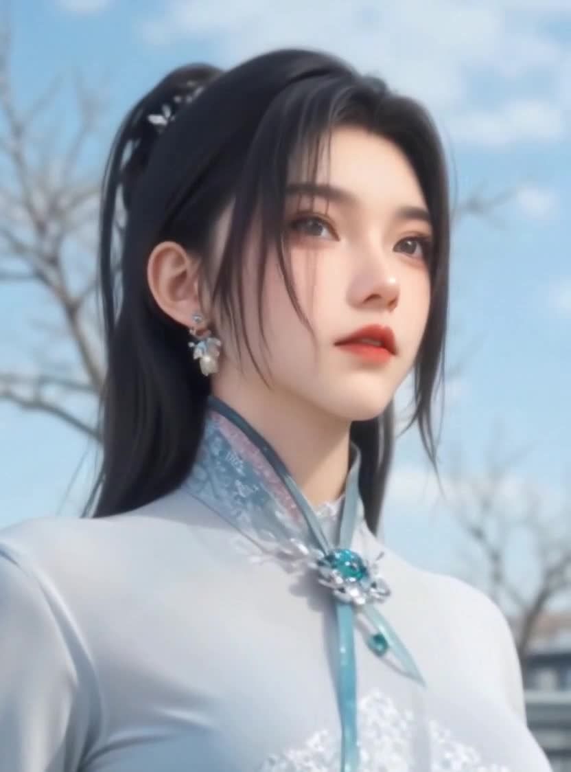 古典服饰女子抬头凝望，蓝天树木，光线柔和。