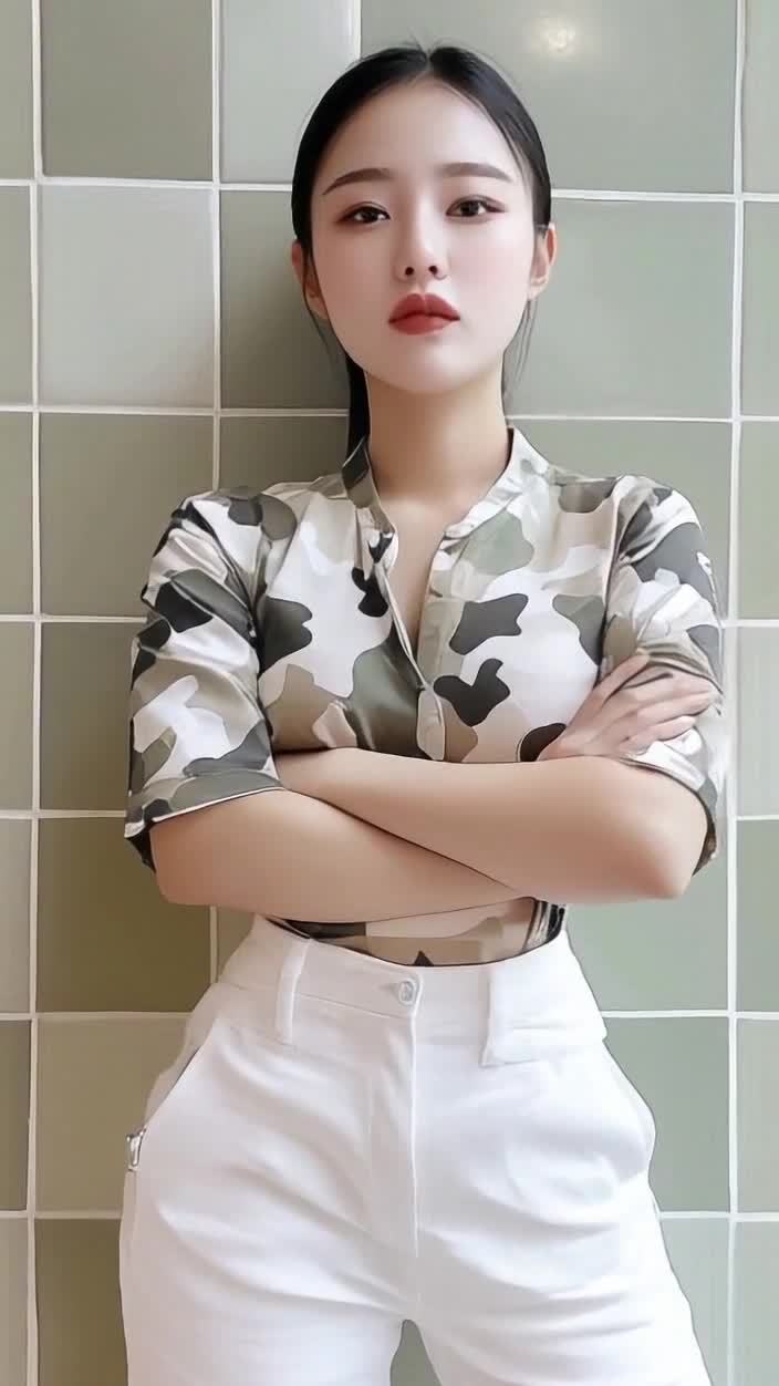 着迷彩衬衫的女士，双手交叉站在墙前。
