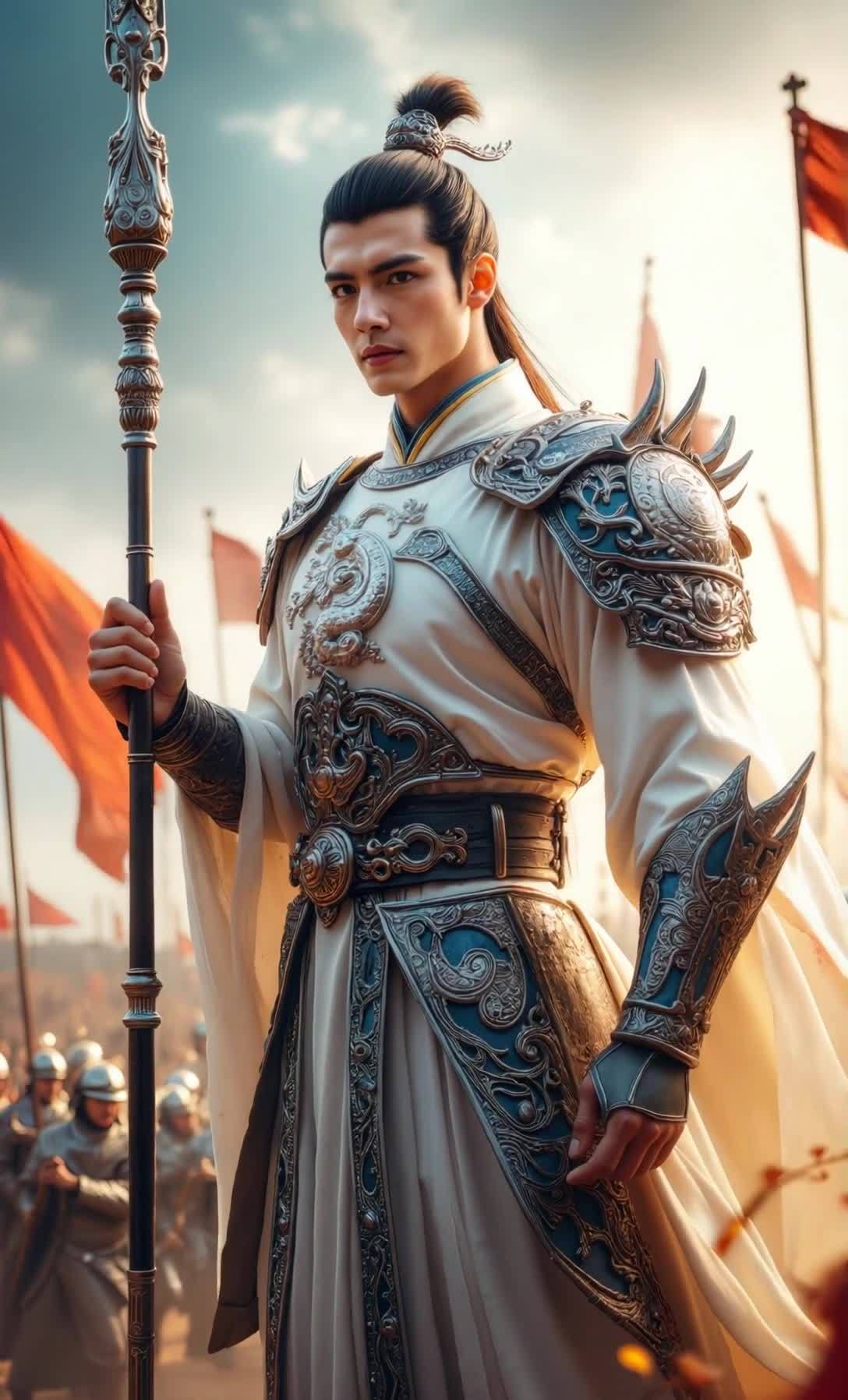 手持长柄武器的古代将军，军队在后方列队。