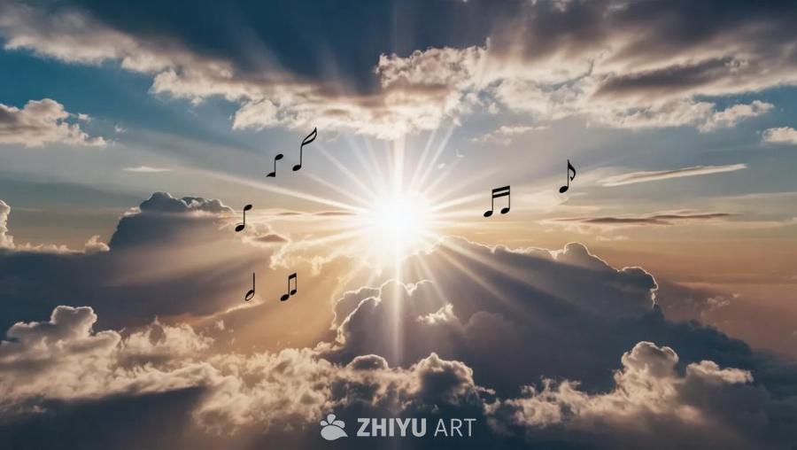 天空中漂浮着云朵，太阳光芒四射，还有一些音符的图案