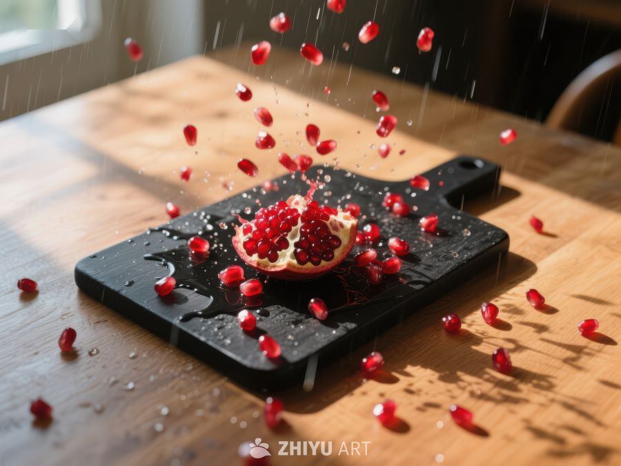 石榴籽粒四溅，厨房案板上的生动瞬间 474