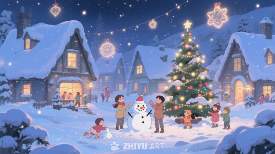 冬夜雪景中的圣诞树与欢聚 113