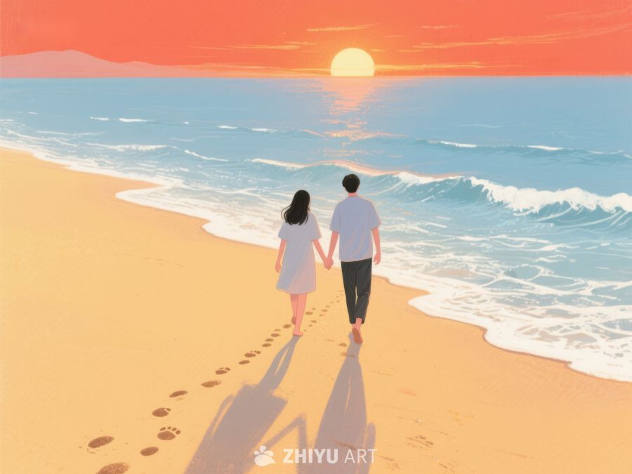 海滩日落下的牵手情侣 259