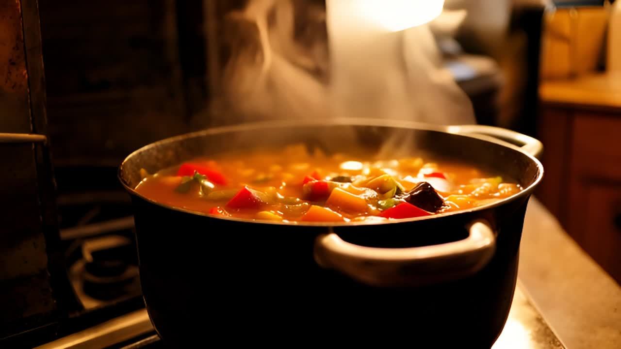 一个大锅放在炉子上，锅里有炖菜，炖菜中有红色、黄色