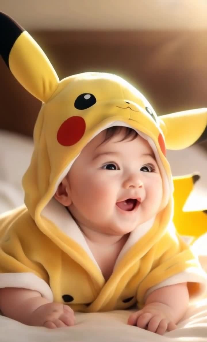 一个婴儿穿着黄色皮卡丘造型的连帽衫，躺在白色床单上