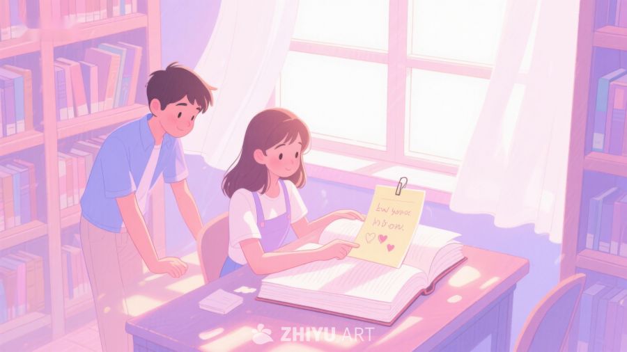 图书馆内两人共读温馨场景 294