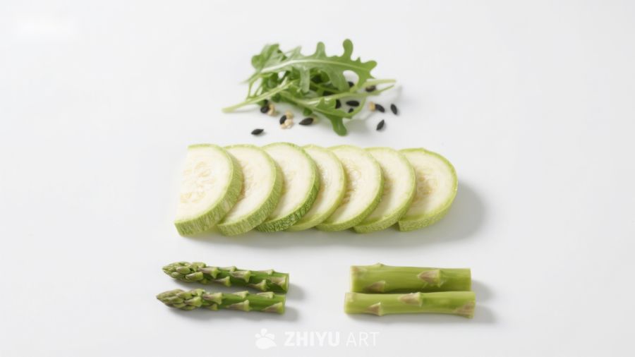 切片西葫芦与芦笋摆盘