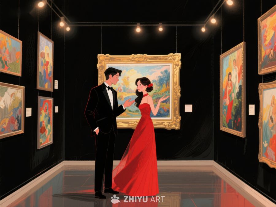 美术馆中欣赏画作的男女 470