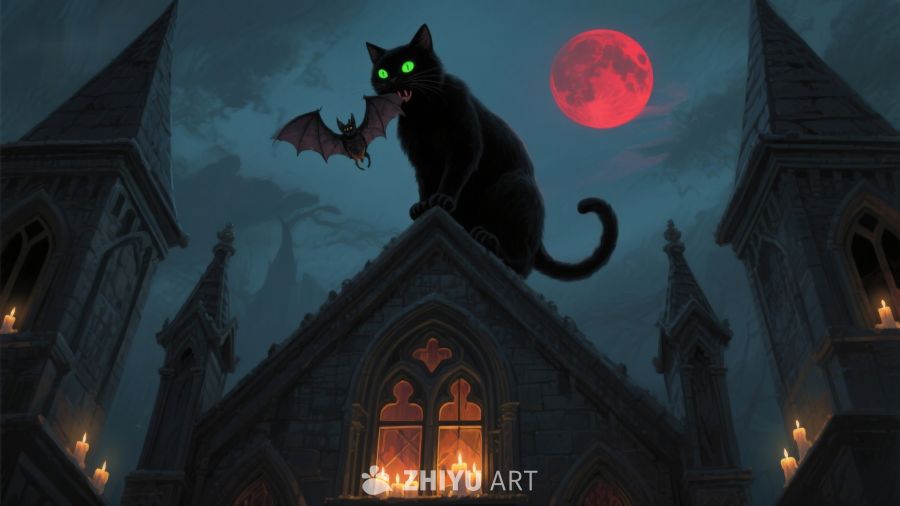 黑猫与蝙蝠在月夜古堡