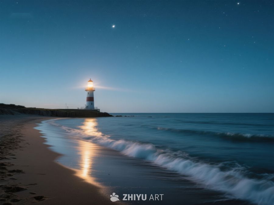 夜幕下的灯塔与海浪 476