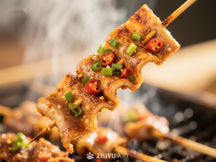 香辣鱿鱼串烤制特写