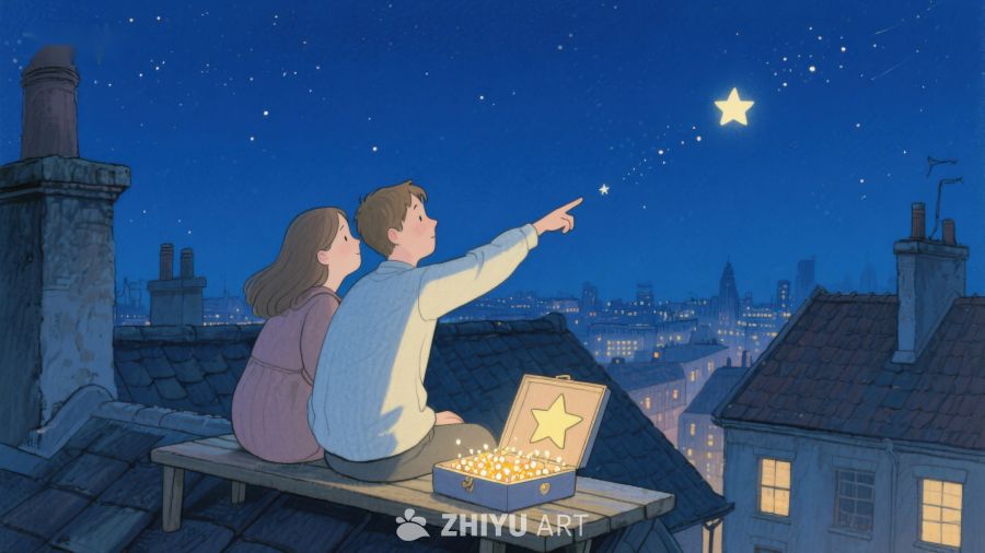 屋顶夜景，两人共赏星空 516