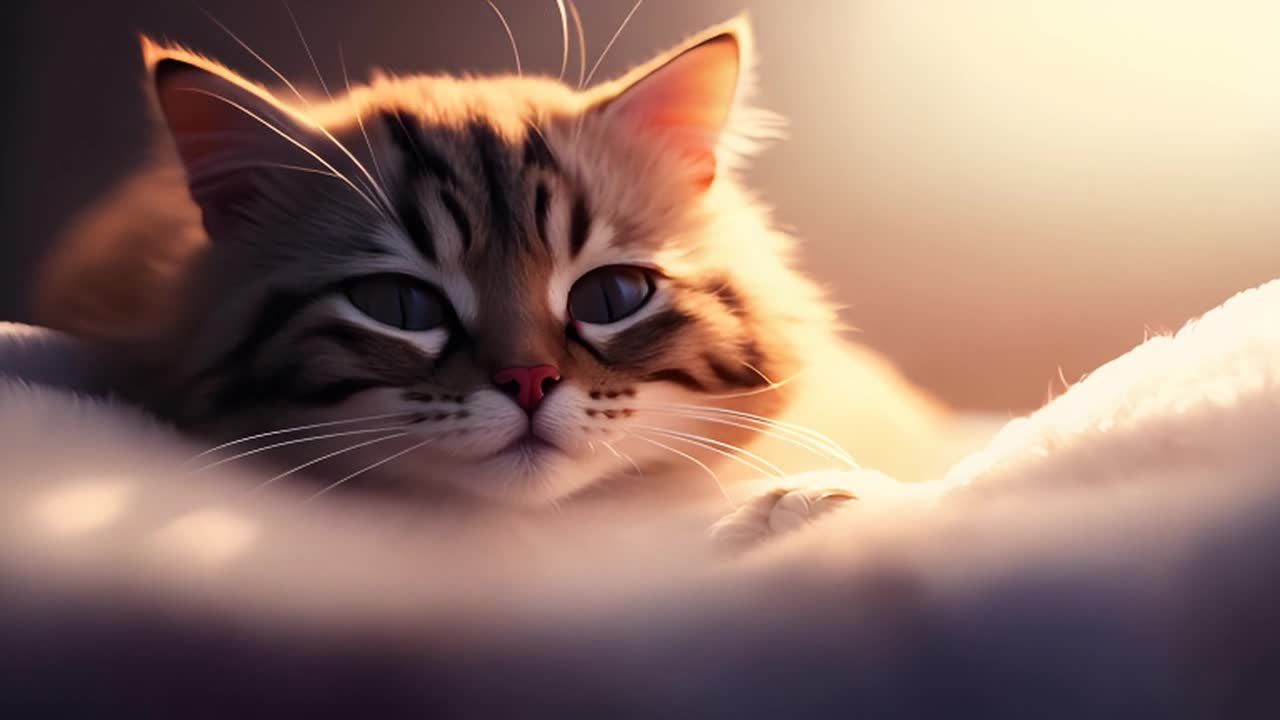 一只猫趴在毛绒绒的表面，猫是低角度拍摄的，它有着条