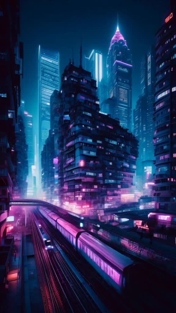 城市夜景中，高耸的建筑物林立，灯光闪烁。一列火车在