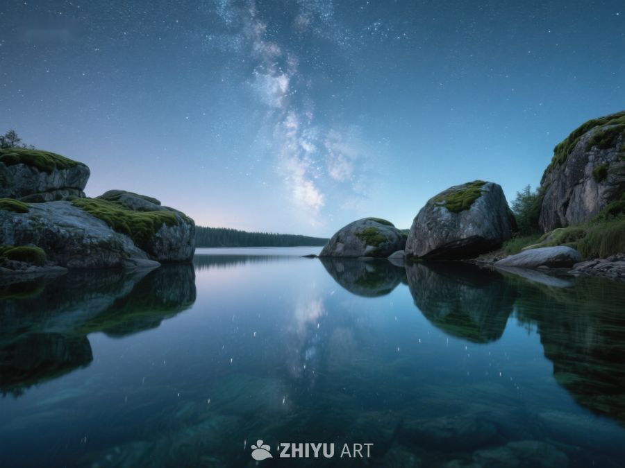 银河映照湖面，岩石静谧夜景 543