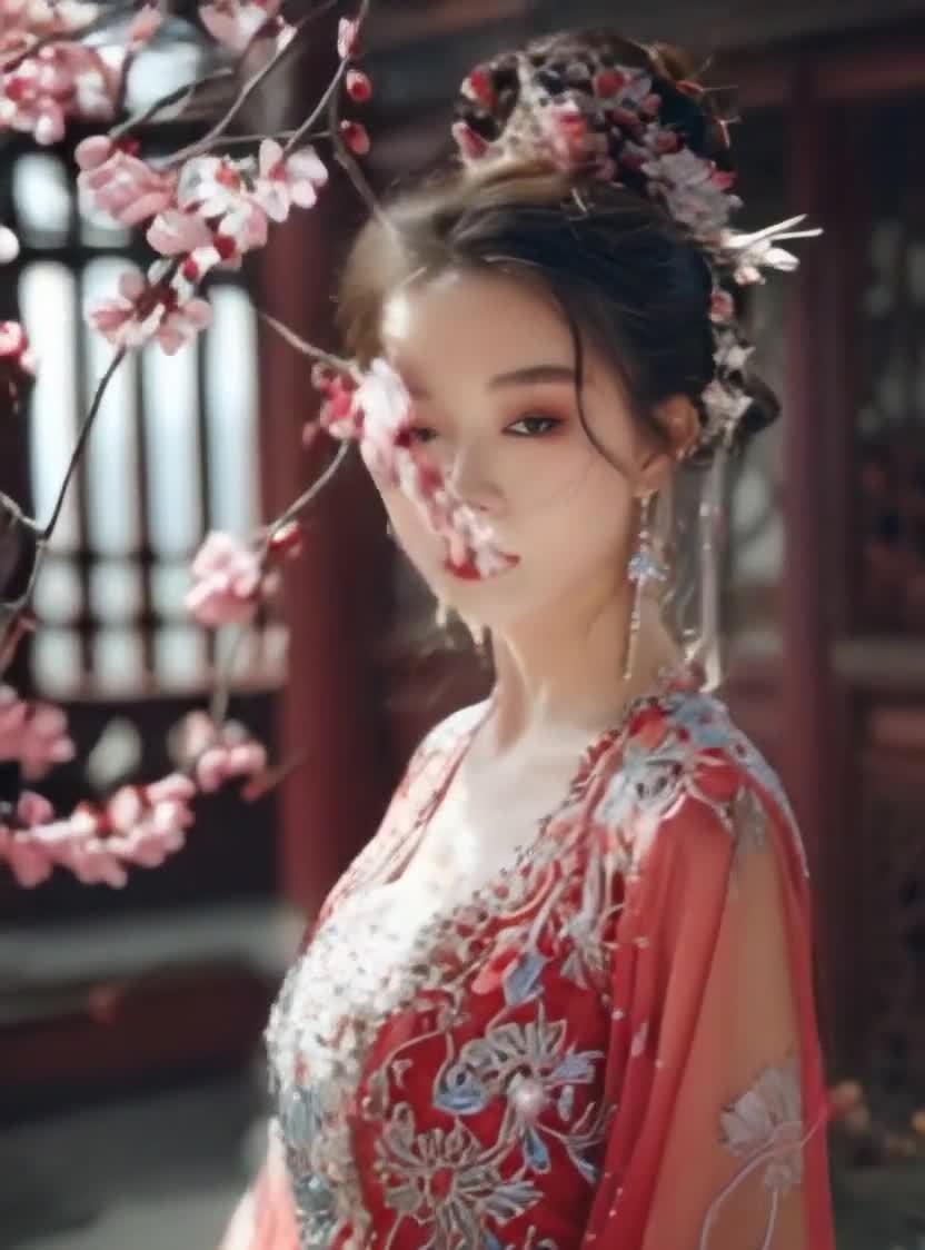 古装美人倚靠花枝，古典韵味十足，侧颜温柔。