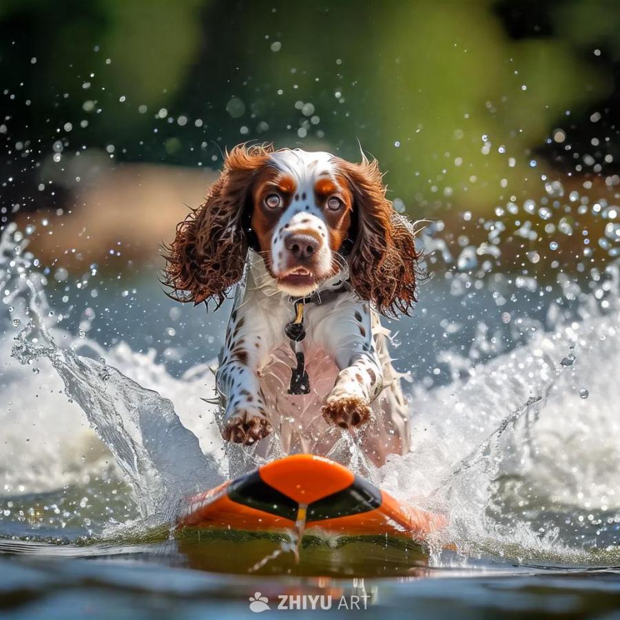 一只棕白色英国史宾格犬在滑水，它站在一块橙黑色的滑