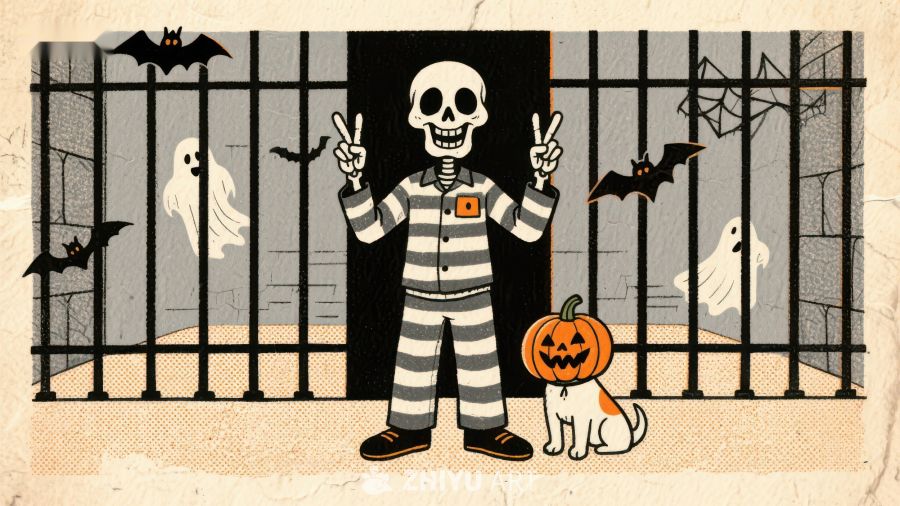 万圣节骷髅囚犯与南瓜猫