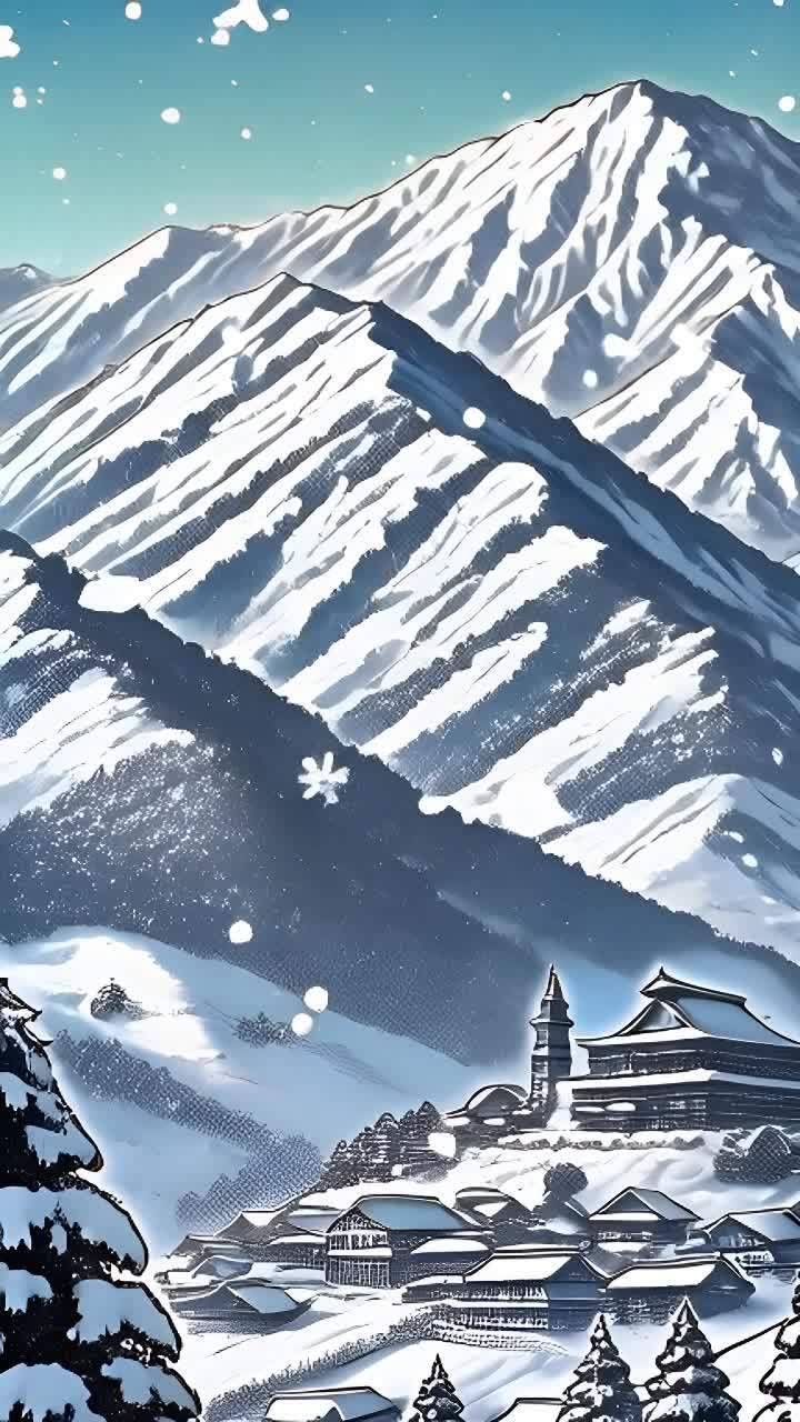 雪山小镇：雪覆盖着群山环绕的小镇。房屋被白雪覆盖，屋顶上积满了厚厚的雪。树木也被雪覆盖，树枝因积雪过重而弯曲。一座古老的寺庙矗立在小镇的一侧，其建筑风格独特，屋顶覆盖着厚厚的雪。天空是蓝色的，飘着雪花。