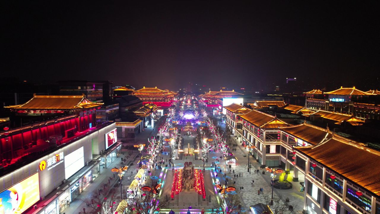 西安大唐不夜城夜景灯光人流航拍