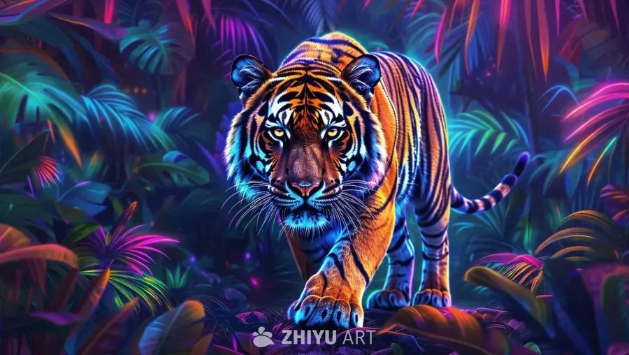 一只老虎在未来主义丛林中行走，丛林中布满了霓虹绿和