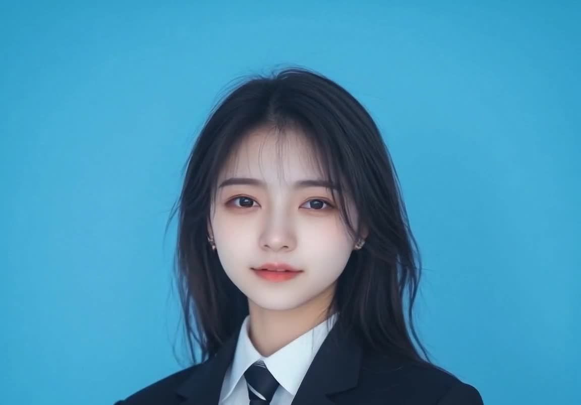 商务风黑发女子肖像照，蓝色背景