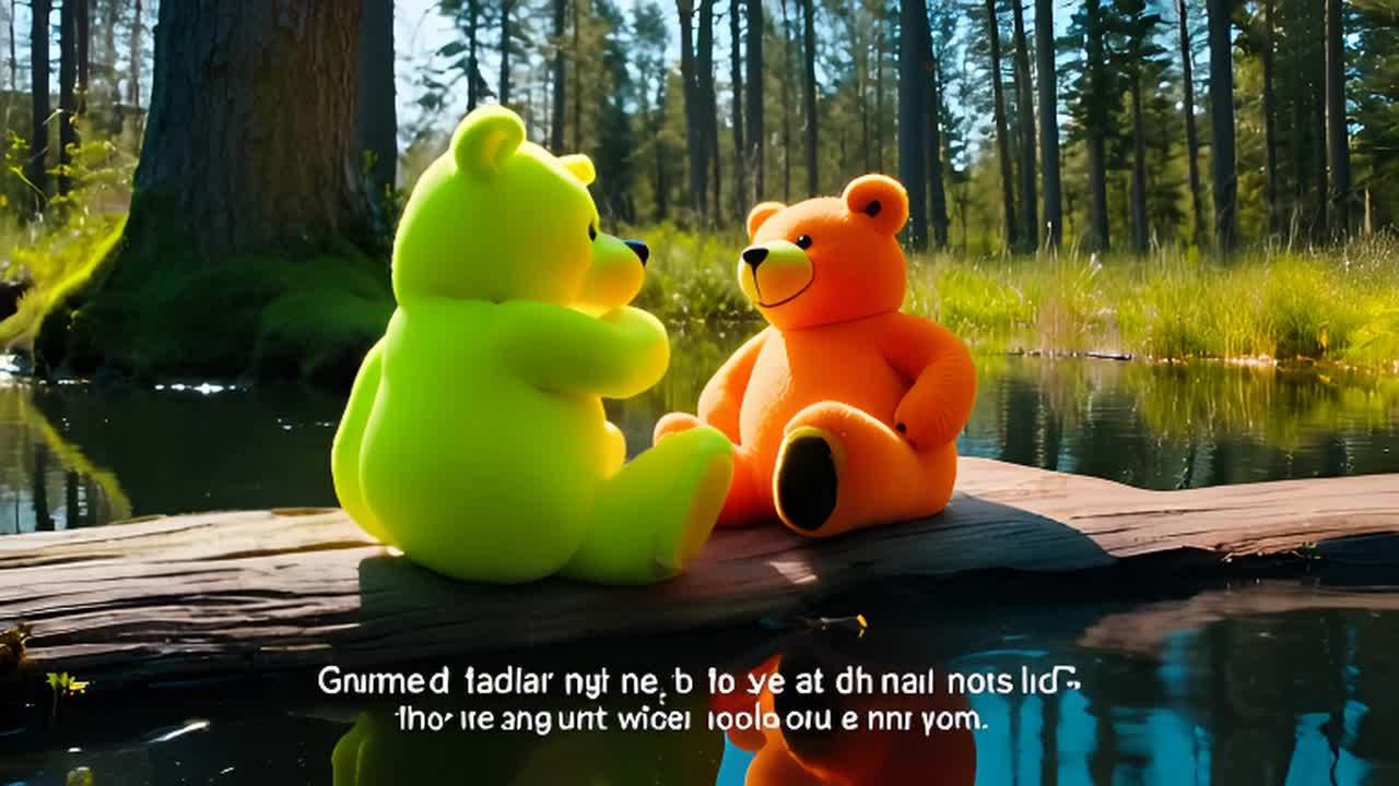 一只荧光绿色的泰迪熊和一只荧光橙色的泰迪熊坐在水面